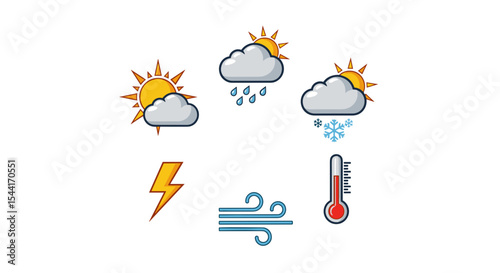 Weather icons depicting sunny partly cloudy rainy snowy lightning windy and thermometer conditions shown