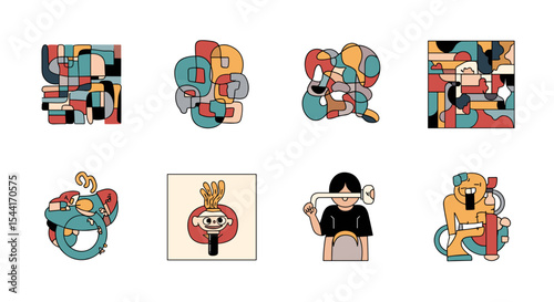 Collection of eight abstract illustrations featuring colorful shapes and cartoonish figures on a white background