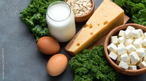 Various foods rich in Vitamin K2 including cheese eggs and leafy greens