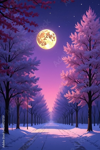 Snowy road lined with blossoming trees full moon Winter Night Landscape