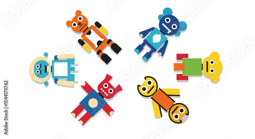 Colorful cartoon figures arranged in a circle on a white background with unique designs and expressions