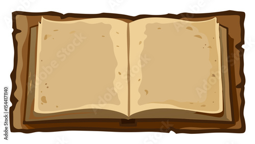 Open, ancient spellbook or journal with blank, aged parchment pages, ideal for fantasy game interfaces, storytelling, or historical themes.