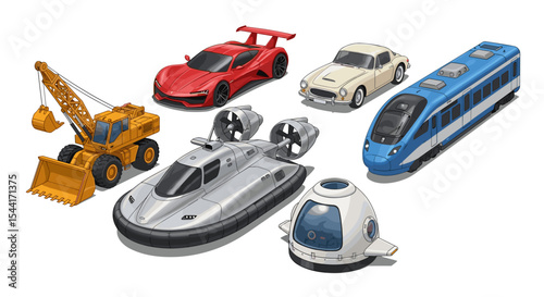 Isometric vehicles including a crane, red sports car, classic car, train, hovercraft, and spaceship pod