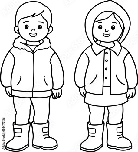 pair of children wearing jackets and boots coloring book