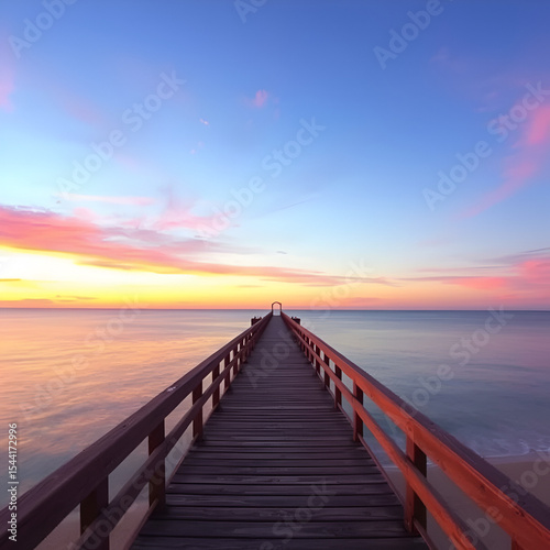 Serene Sunset Pier: A long wooden pier stretches towards the horizon, disappearing into a breathtaking sunset painted across the sky in hues of pink, purple, and blue.