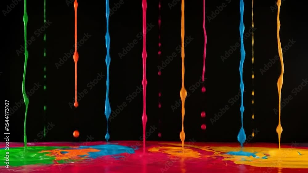 Colorful Paint Streams: Slow Motion Liquid Art with Vibrant Splashes on Black Background