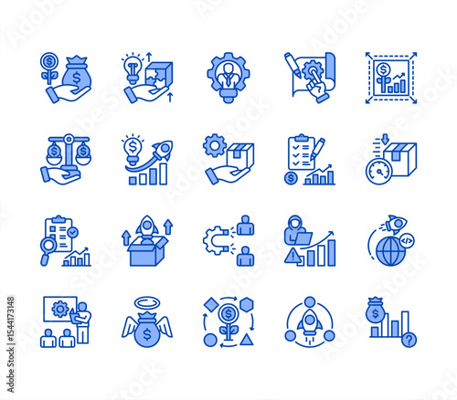 Startup Business icon set, with Product market fit, MVP (Minimum Viable Product), Customer acquisition, Business model, Venture capital, Prototype, Funding.