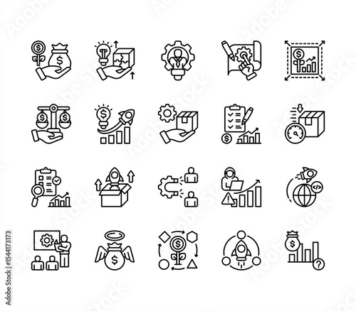 Startup Business icon set, with Product market fit, MVP (Minimum Viable Product), Customer acquisition, Business model, Venture capital, Prototype, Funding.