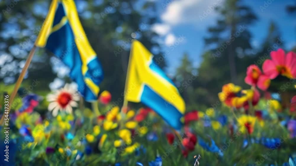 Sweden National Day: Blue and yellow floral wreath with wildflowers created with generative ai	
