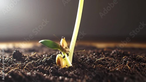 Animated growth sequence of seed pushing out root and stem from below the dirt