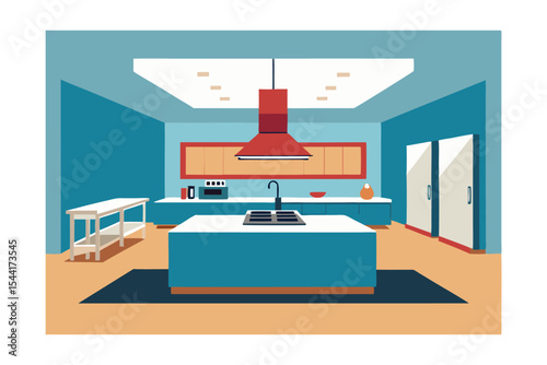 Modern Kitchen Design Blue and Red Accents, Island, and Appliances