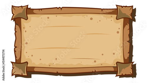 Distressed parchment banner with dark brown, tattered frame corners, perfect for game UI, old West signs, or medieval notices.