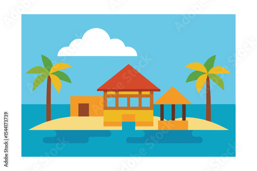 Tropical Island Getaway Beach House Paradise Illustration