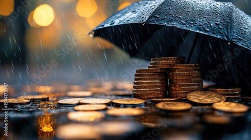 financial resilience shown through an umbrella shielding stacked golden coins under a downpour symbolizing investment protection and economic stability during uncertain times