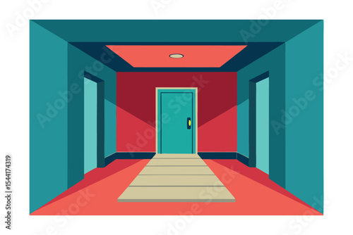 Abstract Minimalist Interior Design Hallway with Teal and Red Walls, Doors, and Floor