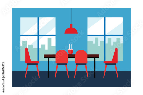 Modern Dining Room Design City View Interior with Red Chairs and Table