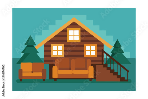 Cozy Cabin Retreat Mountain Getaway Log Cabin Illustration