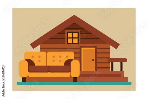 Cozy Cabin Retreat Wooden House with Comfortable Sofa Illustration
