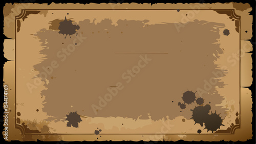 
Highly distressed and stained parchment with dark ink splatters and a subtle, dark border, ideal for grim, ancient documents or grunge art.