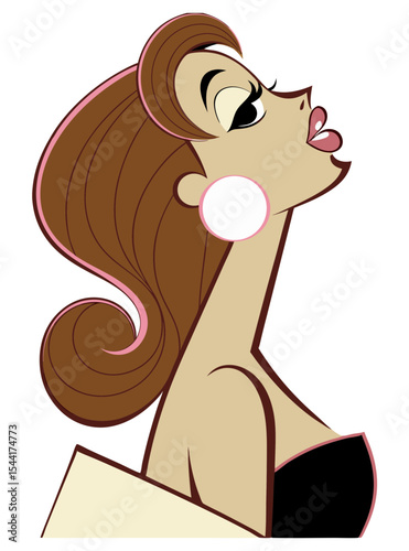 A stylish cartoon illustration of a woman looking upwards with an expressive pose. It conveys elegance, contemplation, or a moment of reflection.