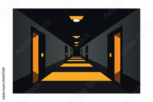 Mysterious Dark Hallway A Graphic Illustration of Long Corridor with Doors