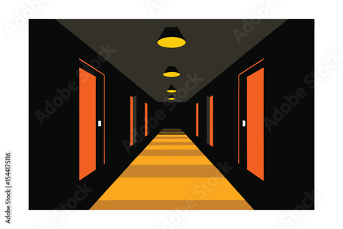 Mysterious Hotel Corridor Dark Ambiance, Orange Doors, and Dim Lighting