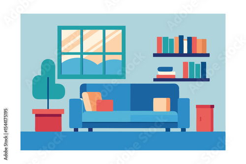 Cozy Living Room Interior Design Blue Sofa, Bookshelves, and Plants