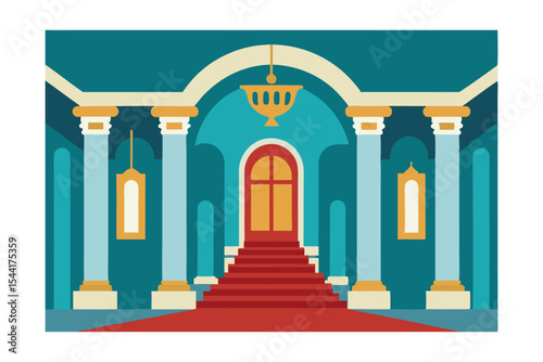 Grand Entrance Majestic Columns, Red Carpet, and Teal Walls
