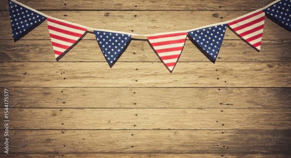 Obraz premium American flag bunting strung horizontally across a distressed wooden wall background