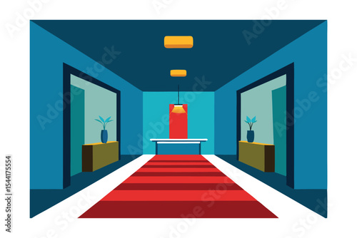 Modern Minimalist Interior Design Hallway with Red Carpet and Teal Walls