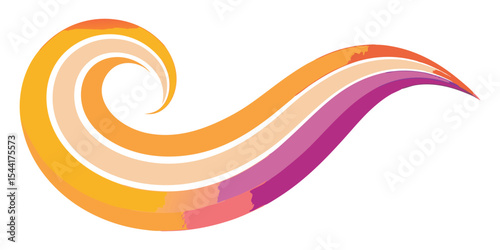 A graceful abstract swirl composed of multiple parallel bands, transitioning smoothly through warm colors like orange, yellow, and shades of pink and purple, conveying motion and fluidity.