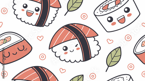 Kawaii sushi rolls and nigiri seamless pattern background for japanese food lovers and cute art enthusiasts