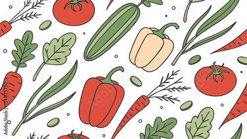 Seamless pattern of fresh vegetables background vector illustration healthy food carrot tomato pepper cucumber  99charac