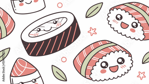 Cute sushi rolls japanese food kawaii style vector pattern background design illustration for kids and adults