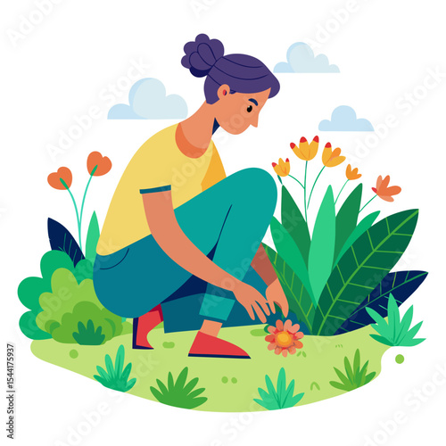 A vibrant illustration of a woman with dark hair in a bun, wearing a yellow shirt and teal pants, tending to colorful flowers and lush plants in a garden under a cloudy sky.