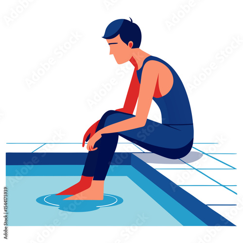 A contemplative figure with blue hair, wearing a blue swimsuit, sits by a pool with feet dipped in the water, evoking relaxation or quiet thought.