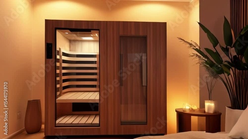 Relaxing sauna retreat with elegant wooden interior and infrared lighting for ultimate relaxation and wellness experience, Tranquil interior of modern sauna with cozy wooden created with generative ai