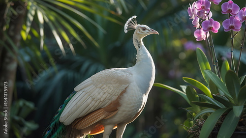 A white peacock standing near purple orchids in a lush green environment
