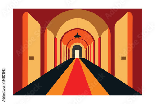Abstract Architectural Corridor A Perspective of Arches, Doors, and Red Carpet