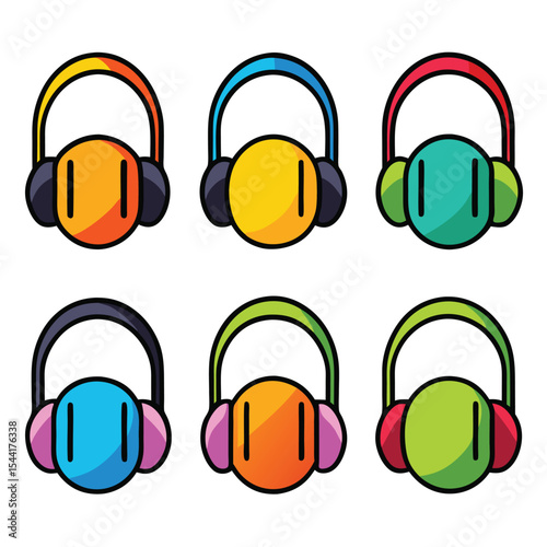 Six headphones set isolated on white background