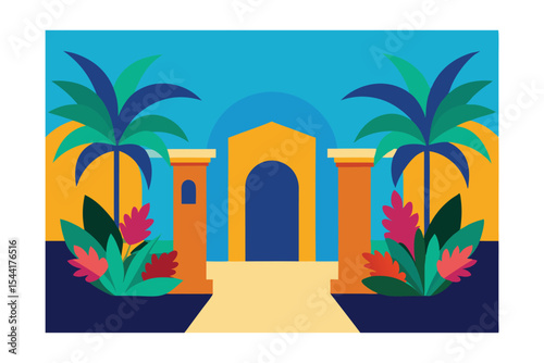 Vibrant Tropical Courtyard Palm Trees, Lush Greenery, and an Archway Entrance
