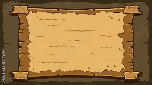 Distressed parchment banner with rugged wooden frame elements and scrolled corners, perfect for game UI, medieval themes, or ancient notices.
