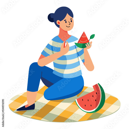 A young woman with dark hair in a bun, wearing a striped shirt and blue pants, sits on a checkered picnic blanket, happily enjoying slices of watermelon, embodying summer relaxation.