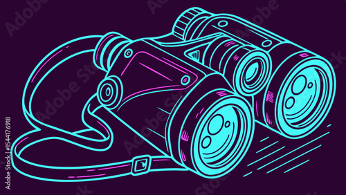 Illustration of binoculars for bird watching and outdoor adventure with strap and lens design, great for travel