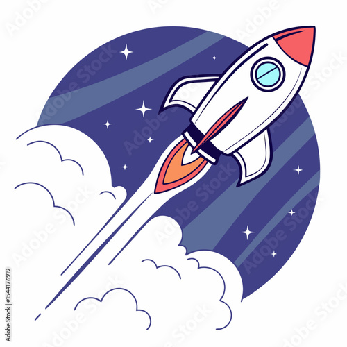 Cartoon rocket ship launch illustration in space with stars and clouds vector graphic design