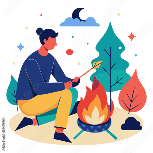 A stylized illustration of a person with a bun, wearing blue and yellow, roasting a marshmallow over a vibrant campfire in a nighttime outdoor setting with trees and a crescent moon.