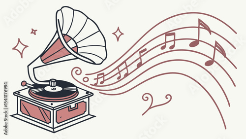 Vintage phonograph vector art illustration with music notes and retro design for music lovers and collectors