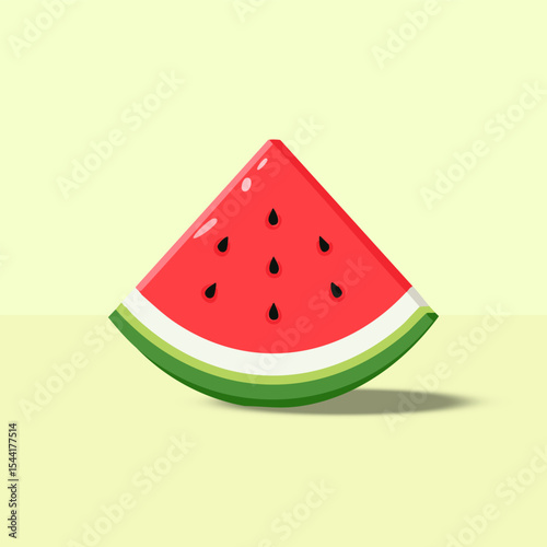 Vector illustration of a tilted watermelon slice with clean highlights and soft shadow. Perfect for food packaging, summer ads, and children’s healthy eating education materials