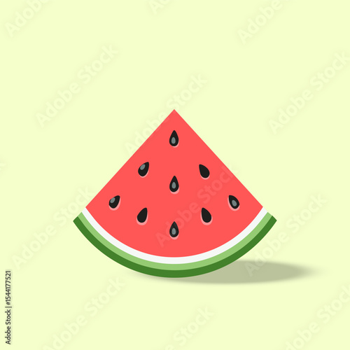 Flat vector of a fresh watermelon slice with visible seeds and soft shadow on a light background. Ideal for summer themes, kids content, healthy food promotions, and fun visuals