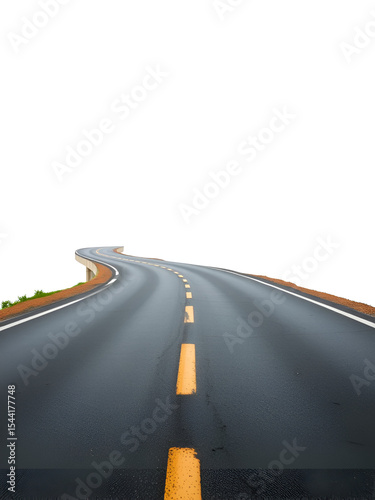Winding asphalt road disappearing into bright white background.
